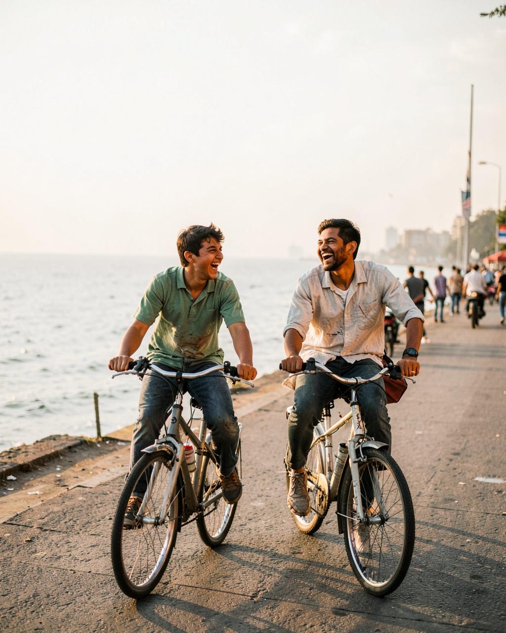 Two friends laughing while cycling along the sea face