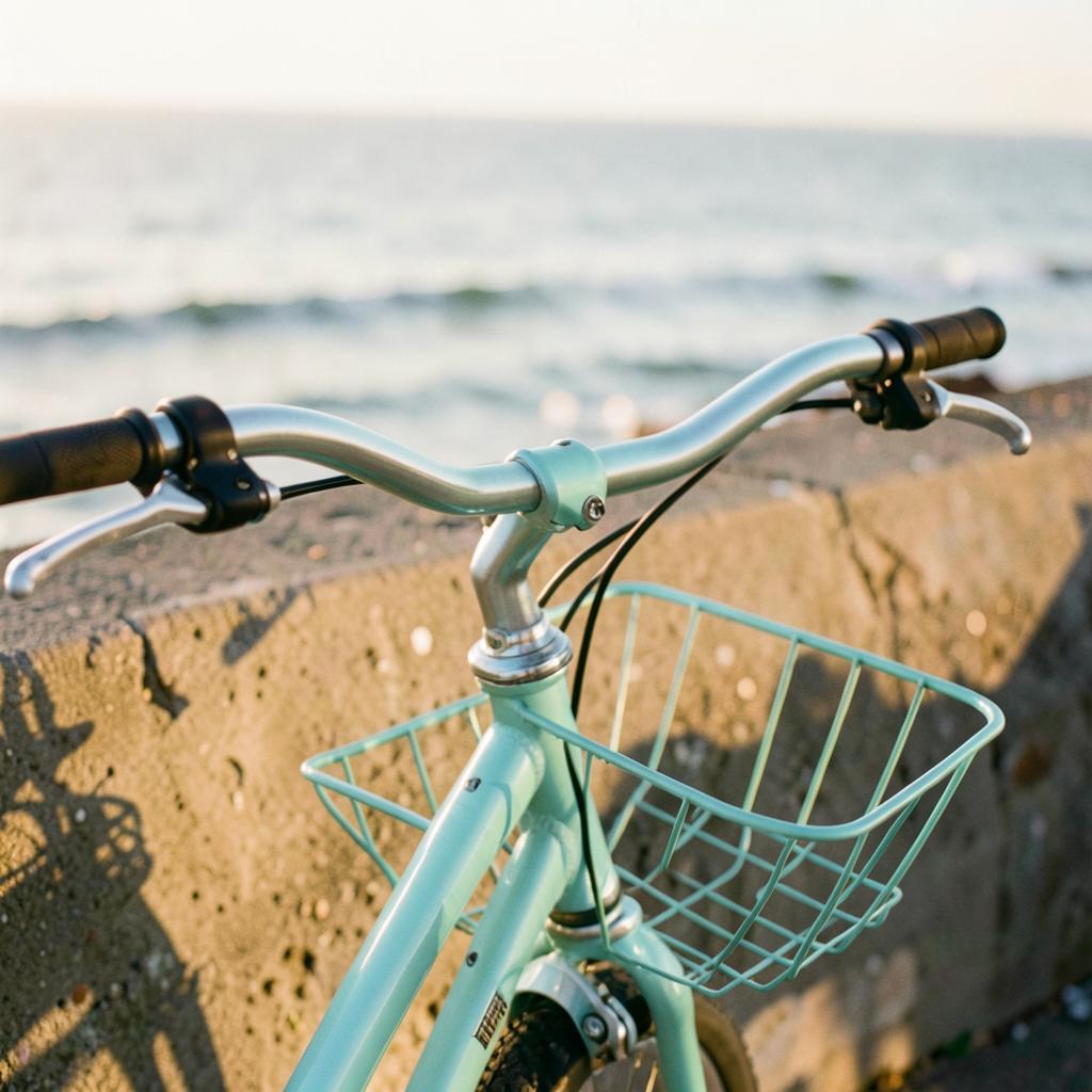 Close-up of a mint cruiser bicycle by the seawall