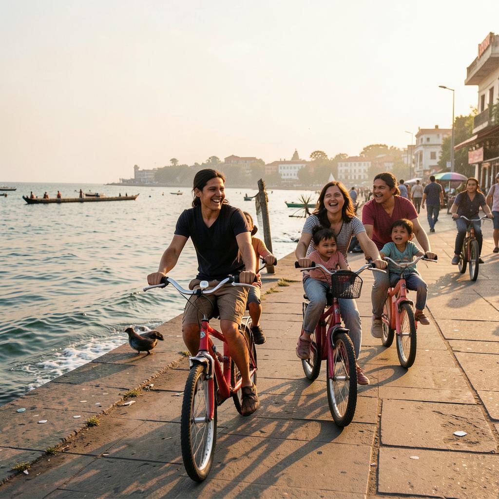 A family cycling together along the promenade