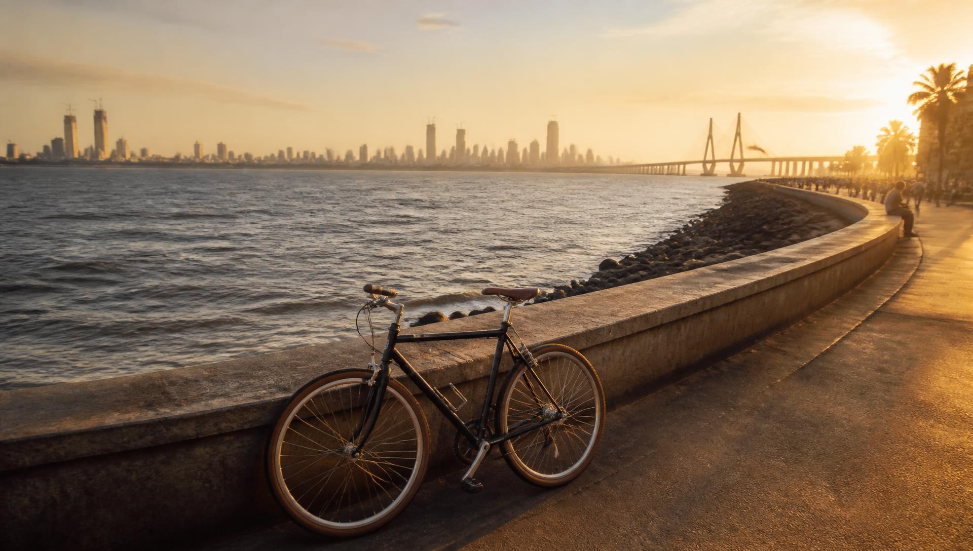 Warm golden-hour view of the Worli Sea Face promenade with a bicycle and the Mumbai skyline